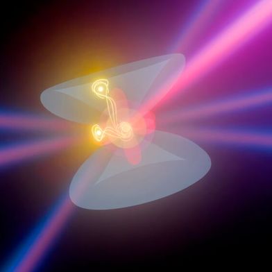 Künstlerische Darstellung der Röntgen-Vierwellenmischung – ein Verfahren, das zeigt, wie Elektronen miteinander oder mit ihrer Umgebung wechselwirken. Die Möglichkeit, auf solche Informationen zuzugreifen, ist in vielen Bereichen wichtig: von der Frage, wie Quanteninformationen gespeichert werden und verloren gehen, bis hin zur Entwicklung leistungsfähigerer Materialien für Solarzellen und Batterien. (Bild: Noah Wach)