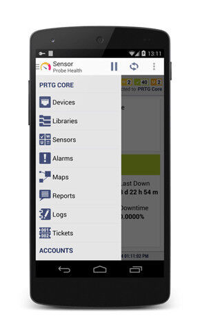Abbildung 3: PRTG für Android: Die Hauptmenüleiste in PRTG-Optik bietet Zugang zu allen Monitoringdaten. (Bild: Paessler)
