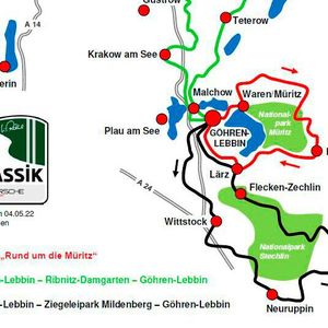 Die Röhrl-Klassik findet in und um die Mecklenburger Seenplatte statt. Gefahren wird an drei Tagen (Donnerstag bis Samstag) und rund 510 Kilometer.(Bild:  Röhrl-Klassik)