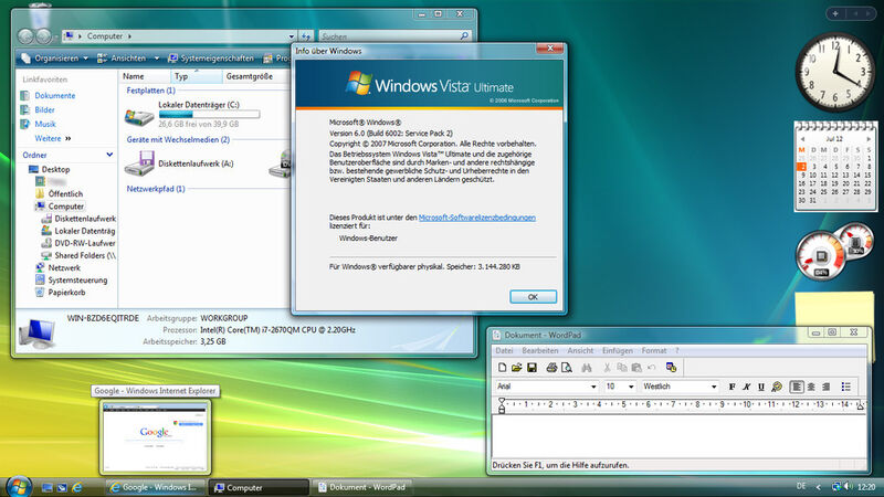 Der Desktop von Windows Vista (hier in der Ultimate-Fassung mit installiertem Service Pack 2). Auch wenn Microsoft die Performance- und Stabilitätsprobleme des Systems mit der Zeit in den Griff bekam, blieben viele Nutzer lieber beim bewährten Windows XP - oder stiegen später direkt auf Windows 7 um. (Bild: Screenshot/Microsoft)