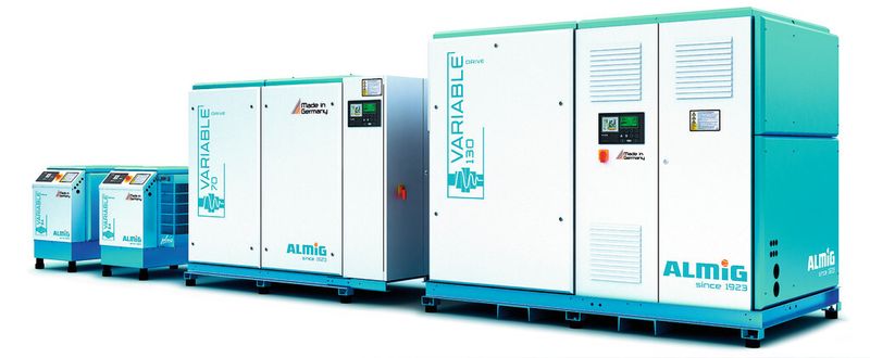 Bild 5: Die drehzahlgeregelten, energiesparenden Schraubenkompressoren der Baureihe Variable eignen sich bei schwankendem Druckluftbedarf. (Bild: Almig Kompressoren)