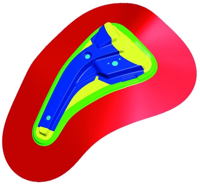 Bild 3: Wirkflächen für die Tiefziehstufe mit Blechhalter (rot), Ankonstruktion (grün), Füllflächen (gelb) und Bauteil (blau). (Archiv: Vogel Business Media)
