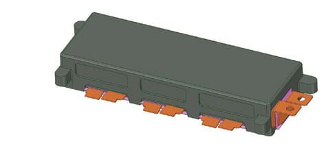 (Bild 1: Ein typischer DC-Zwischenkreiskondensator mit einem Batterieanschluss auf der rechten Seite und Transistoranschlüssen auf der Vorderseite. Bild: Robert Bosch GmbH)