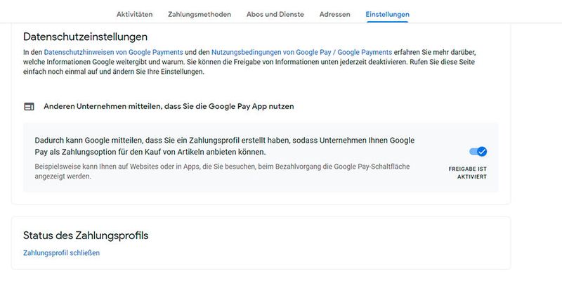 In den Einstellungen des Google-Kontos bei Google Pay ist es auch möglich, das Konto zu schließen. Das Google-Konto bleibt dabei erhalten.  (Bild: Joos)