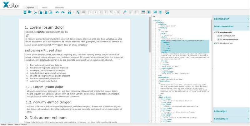 Mit der XML-Ansicht sehen Autoren parallel zur Word-ähnlichen WYSIWYG-Ansicht des Editors das zugrunde liegende XML. (Bild: Xeditor by Appsoft Technologies)