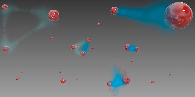 Eine graphische Darstellung zur Dreikörperrekombination mit möglichen Produkten. Die roten Kugeln repräsentieren Rubidium Atome, die blauen Wolken die Bindung zwischen einzelnen Atomen. (Institut für Quantenmaterie)