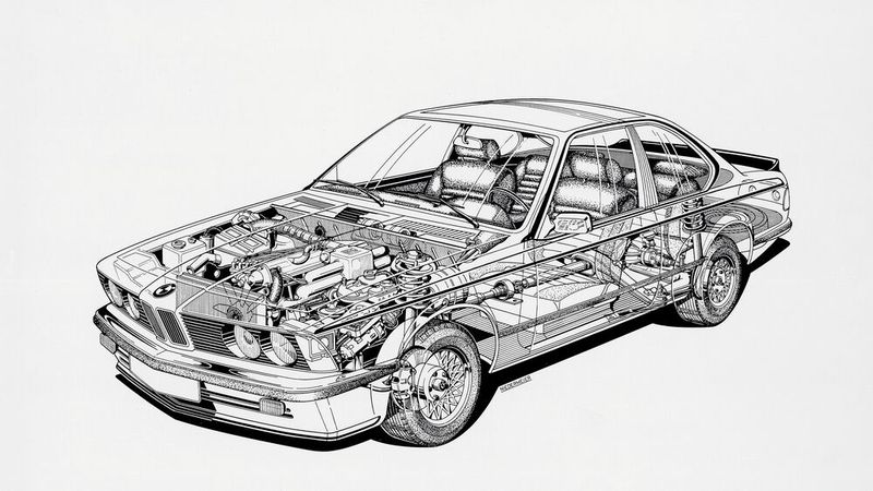 Bei der großen Modellpflege im Mai 1982 gab es vor allem technisch grundlegende Änderungen: So wurde der 6er sowohl fahrwerkseitig wie auch motorentechnisch auf den Stand des E28, des Nachfolgers des E12, gebracht. Durch die Veränderungen am Fahrwerk konnte auch die Karosseriestruktur überarbeitet werden, die Karosserie wurde dabei nicht nur rund 50 kg leichter, sondern auch steifer. Durch das verringerte Gewicht, die überarbeitete Motorsteuerung und die nunmehr serienmäßigen 5-Gang-Schongetriebe konnten die Verbrauchswerte deutlich gesenkt werden: beim 628CSi um 9,1 % oder 1 l/100 km, beim 635CSi sogar 17,9 % oder 2,1 l/100 km, jeweils im kombinierten DIN-Drittelmix.  (Bild: BMW AG)