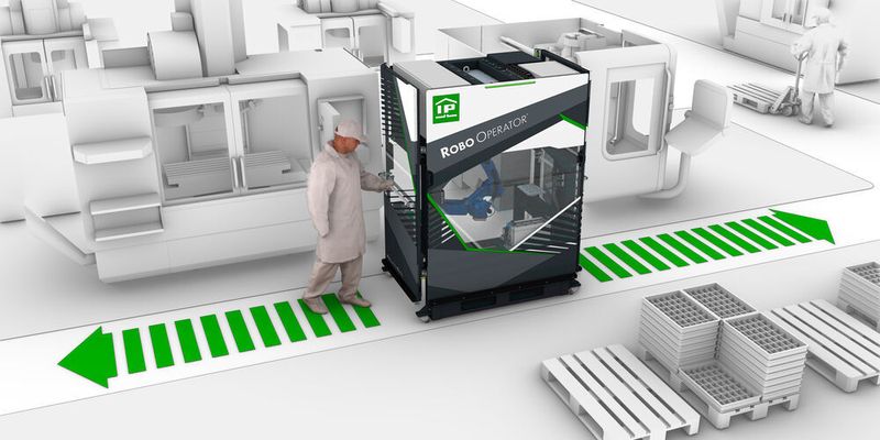 Der Robo Operator wird direkt vor die zu bedienende Werkzeugmaschine gestellt und arbeitet dann eigenständig genau die Arbeitsschritte ab, die sonst von der Fachkraft ausgeführt werden.  (IP)