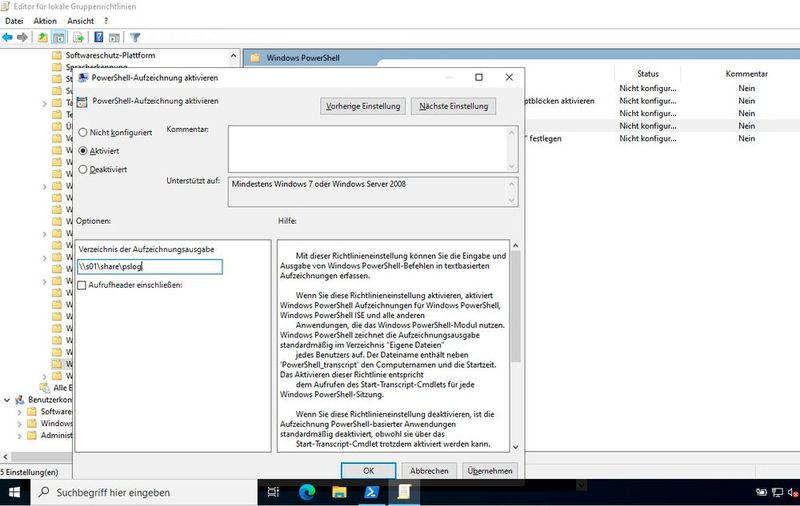 Die Protokollierung der PowerShell lässt sich auch über Gruppenrichtlinien steuern. (Bild: Joos)