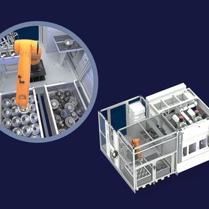 Bin-Picking-Automationszelle: Die Werkstücke befinden sich in einer chaotischen Lage, wobei der Roboter mithilfe eines 3D-Sensorsystems die Teile nicht nur entnimmt, sondern auch korrekt erkennt, ausrichtet und dem nächsten Bearbeitungsschritt zuführt.(Bild:  Emag)