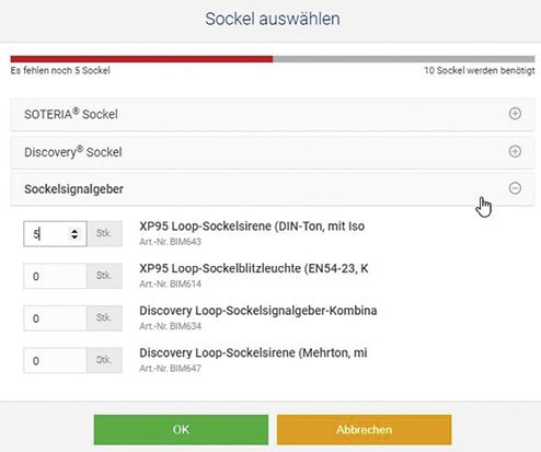 (In dieser Planung ist noch ein Fehler: Die Plausibilitätsprüfung ergibt, dass noch fünf Sockel ausgewählt werden müssen. Bild: Hertek GmbH)