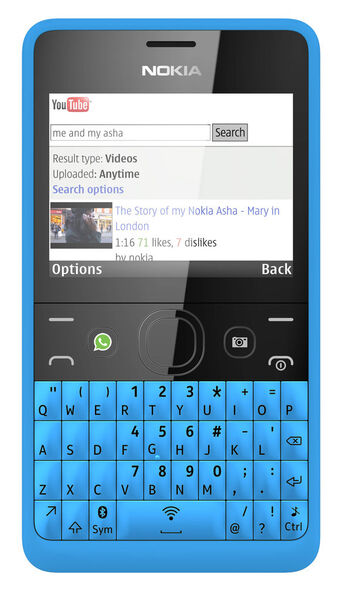 Unterstützt werden von Nokias Asha 210 beispielsweise Facebook, Twitter, Youtube und gängige E-Mail-Konten, wie Google Mail. (Bild: Nokia)