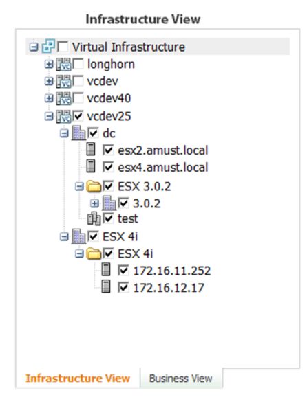 Die „Infrastructure View“ von Business View stellt die virtuellen Strukturen in der technischen Hierarchie dar. An oberster Stufe stehen die Data Center, darunter die ESX-Server und darunter die virtuellen Maschinen. Dies entspricht auch der Darstellung in 