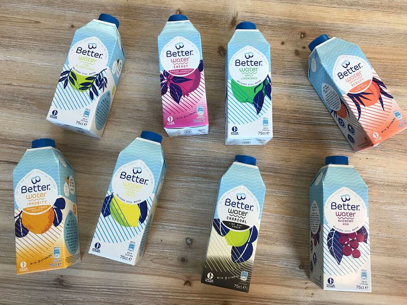 B-Better, eine Wassermarke von Unilever‘s Future Platform, bringt eine Reihe von Wassergetränken in der Kartonflasche Combidome von Sig auf den Markt. Die Kartonflasche kombiniert die Vorteile einer Kartonpackung mit den Vorteilen der Flaschenform.   (Sig)