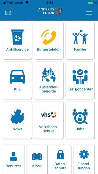 Auf dem Homescreen der Landkreis-App sind die Module übersichtlich dargestellt. (OBCC)
