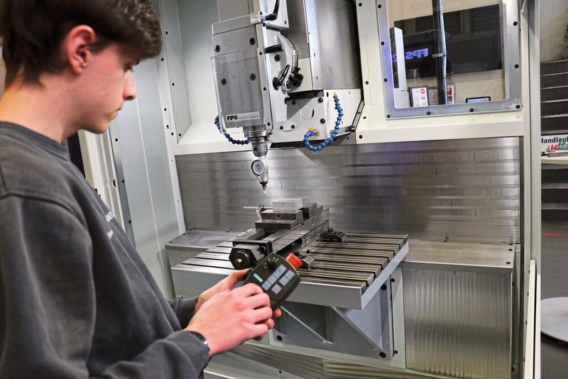 Angehende Zerspanungsmechaniker wie Luca Löbel lernen an der FPS 425 Dualmaster zuerst manuelles Einrichten und Fräsen mit einem elektronischen Handrad. (Bild: FPS Werkzeugmaschinen)