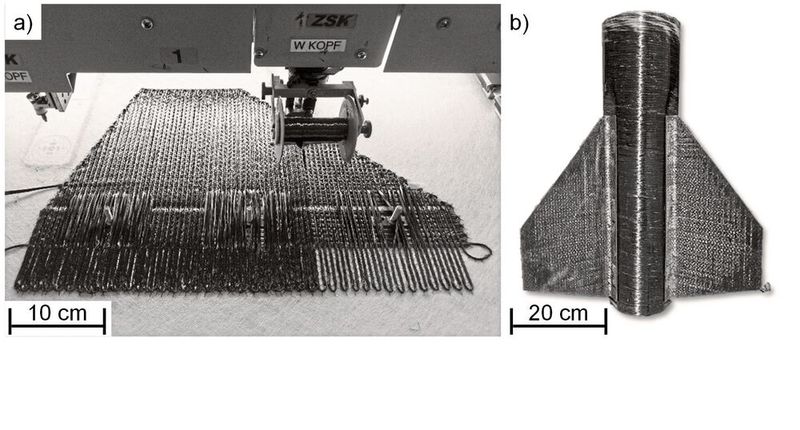 Herstellung der Modellrakete a) mit dem TFP-Verfahren zur Fertigung der Finnen und b) Zusammenbau der unteren Raketenhälfte mit angeschraubten Finnen.  (Bild: ITA)