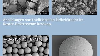 In der mikroskopischen Darstellung kann man die Unterschiede zwischen scharfkantigen Reibkörpern und den „Active Soft Pearls“ deutlich erkennen. (Foto: PGP)