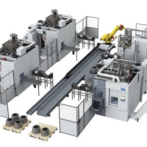 Das Emag-Fertigungskonzept für die Lkw-Bremstrommelbearbeitung im Ganzen: Drehmaschinen, Roboterhandling und Automationsablauf nebst Peripherie, Spannmitteln und passenden Werkzeugen sind laut Hersteller zu einer hoch produktiven Einheit geworden.(Bild:  Emag)