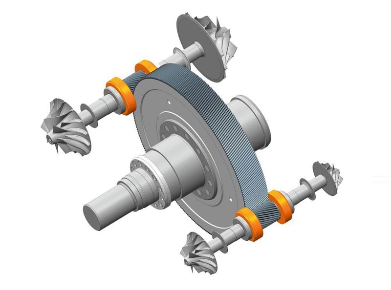 4-stufiger Expander-­Antrieb mit Druck­kämmen, 48 000 U/min. (Novagear)