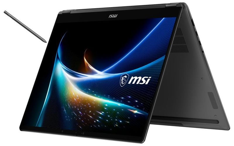 MSI bringt mit dem Prestige N16 Flip AI+ ein 16-Zoll-Convertible-Notebook mit Nvidia RTX Spark auf den Markt. Der Nano-Pen gehört zum Lieferumfang. (Bild: MSI)