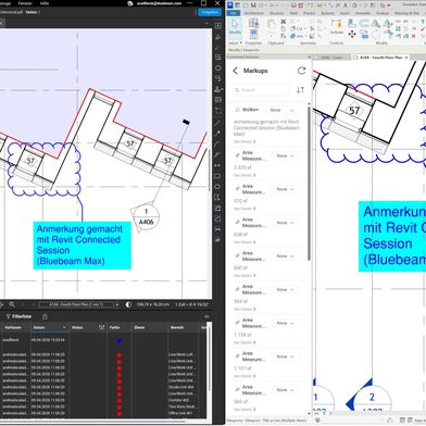 Verbundene Studio-Sitzungen mit Revit verknüpfen Bluebeam-Markups direkt mit der richtigen Stelle in einer Revit-Zeichnungs- und Modellansicht, um effektiv über PDF und BIM hinweg zusammenzuarbeiten. (Bild: Bluebeam 2026)
