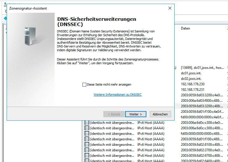 Assistent zum Einrichten von DNSSEC. (Microsoft / Joos)