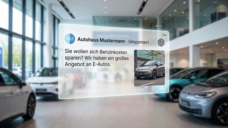 Chat-GPT ist jetzt auch für Werbung offen. Fahrzeugwerbung von Autohändlern ist noch nicht ohne Weiteres möglich. Die Vorbereitung auf das Werbeformat kann sich dennoch lohnen.(Bild:  Gemini / KI-generiert)