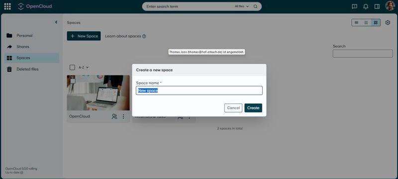 Hier lassen sich neue Spaces in OpenCloud erstellen. (Bild: OpenCloud)