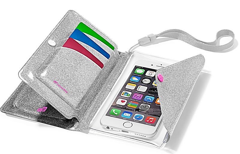 Mit Voyager Pochette ist Mutti besser organisiert: Das elegante Smartphone-Case vereint Schutztasche und Portemonnaie. Mit der transparenten Touch-Screen-Folie und praktischen Taschen für Karten, Geldscheine und Münzen ist alles gut verstaut. Mit Reißverschluss und integriertem Armband erhältlich Cellularline bei in den Farben Fuchsia, Silber mit Glitzer, Weiß mit schwarzen Punkten und Schwarz mit weißen Punkten (UVP 19,99 Euro).     (Cellularline)