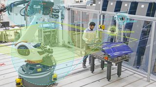 Keine Panik! Mithilfe der sogenannten „LiDAR“-Sensorik und Kameraüberwachung müssen Roboterbewegungen nicht mehr so stark abgebrembst werden, wenn sich ein Mensch nähert. Der Produktivität täte das keinen Abbruch, sagen Forscher vom Fraunhofer IWU. So geht`s ... (Bild: Fraunhofer IWU)