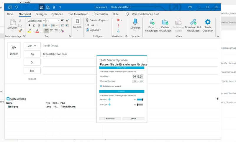 Eine neue Nachricht via Qiata: Wenn das Qiata-Plugin installiert ist, bekommt der Nutzer beim Erstellen einer neuen Nachricht die entsprechenden Schaltflächen zur Verfügung gestellt. Leider skaliert das Plugin nicht vollständig auf einem 4K-Bildschirm, so dass die Schrift etwas klein und schwer lesbar ist. (Bild: Secudos / Schlede, Bär)