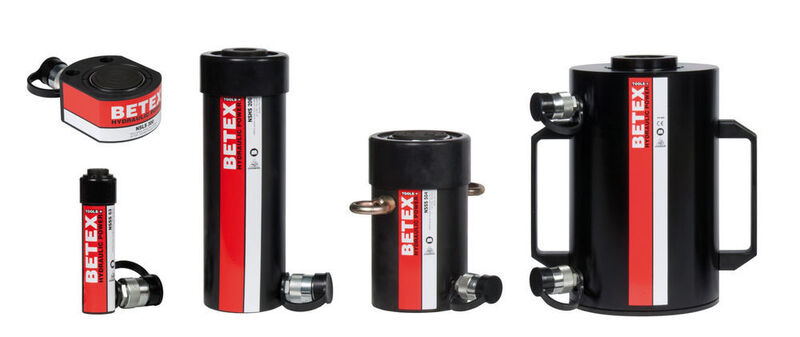 Auswahl an Hydraulikzylindern der Reihe Betex Hydraulic Power in unterschiedlichen Größen und Bauformen. (Bega)