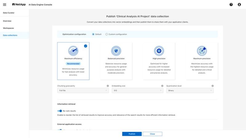 Für die Erstellung der Vector-Embeddings stellt die AI Data Engine verschiedene Grundkonfigurationen für unterschiedliche Anforderungen bereit. (Bild: NetApp)