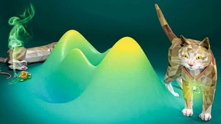 Schrödingers Katze ist mit einem Atom verschränkt. Ist das Atom angeregt, so lebt die Katze. Ist es zerfallen, so ist die Katze tot. Im Experiment bildet ein Lichtpuls die beiden Zustände nach (Hügel) und kann sich wie die Katze in einer Überlagerung aus beiden befinden. (Christoph Hohmann, Nanosystems Initiative Munich (NIM) )