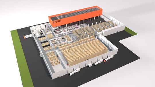 Zum zweiten Mal innerhalb weniger Monate plant TGW Logistics ein neues Lager für BSH. Das Shuttlelager soll Mitte 2028 in Nürnberg in Betrieb genommen werden.(Bild:  TGW Logistics)