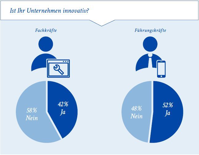 Die Frage, ob ihr Unternehmen innovativ ist, beantworteten Fach- und Führungskräfte unterschiedlich. (Bild: Stepstone/Kienbaum)