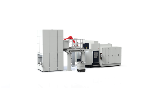 (Storage Tower, AGV und der 6-achsige Roboter TopRob6 sorgen für ein hohes Maß an Automation. Auf der Automatica 2023 präsentiert SW die Vorteile solcher Gesamtlösungen. Bild: Schwäbische Werkzeugmaschinen)