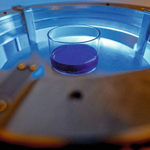 In der Petrischale befindet sich das mit blauem Modellwirkstoff versetzte Harz, das durch die Laserstrahlen ausgehärtet wird.(Bild:  Thilo Schmülgen)