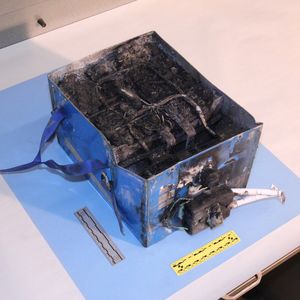 Das verbrannte Akku-Pack aus einer Boeing 787 der JAL. Der Zwischenfall ereignete sich am 7. Januar auf dem Logan International Airport in Boston.(Bild:  NTSB)