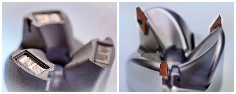 Die neue Technologie haben die Fraunhofer-Forscher am Beispiel eines additiv gefertigten Fräskopfs demonstriert. Links: Der LPBF-Druckprozess wird unterbrochen und die ebenfalls gedruckten Dehnungsmessstreifen eingepasst. Rechts: Der Druckprozess wird anschließend fortgesetzt, um das intelligente Bauteil fertigzustellen.(Bild:  Fraunhofer ILT)