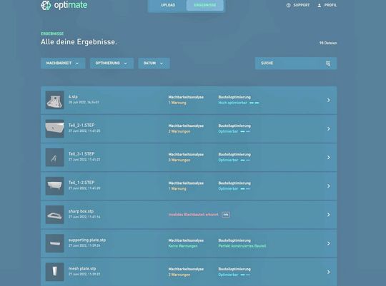 Das ist ein Blick auf das Anwendungsmenü der neuen Optimate-App für die Verbesserung von Blechbiegeteilen, die auf der Euroblech 2022 auch anhand vieler Live-Demos dem Publikum erstmals nähergebracht wird.(Bild:  Optimate)