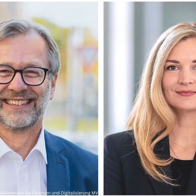 Dr. Heiko Geue, Digitalisierungsminister von Mecklenburg-Vorpommern, und Milen Starke, Digitalstaatssekretärin von Thüringen.  (Bild: © Canva / Ministerium für Finanzen und Digitalisierung MV / TSK, Andreas Pöcking)