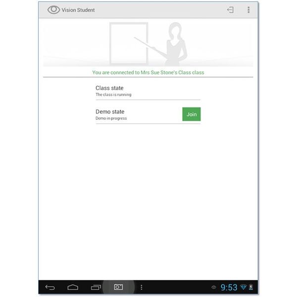 Ein „In der Klasse“-Bildschirm weist den Schüler bzw. Studenten darauf hin, dass nun eine Demo vom Computer des Lehrers empfangen werden kann. (Bild: Netop)
