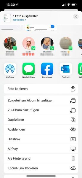 Mit „Zu geteiltem Album hinzufügen“ können Dateien in der Familie geteilt werden.  (Joos/Apple (Screenshot))