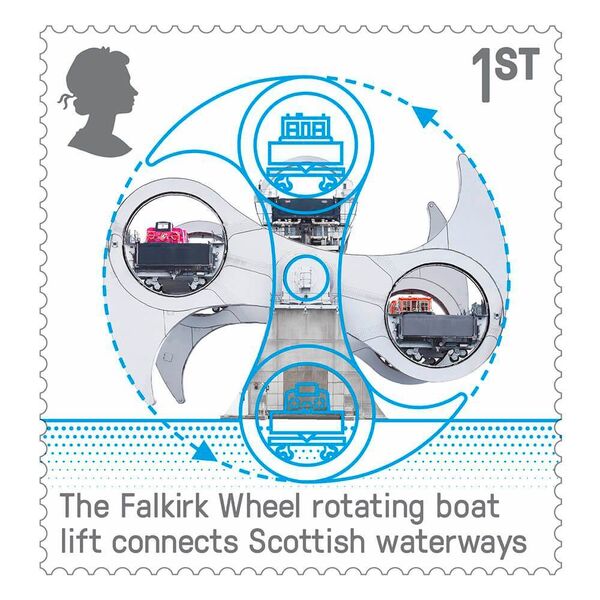 50 Jahre British Engineering: Das Schiffshebewerk Falkirk Wheel ähnelt einem Riesenrad. (Royal Mail)