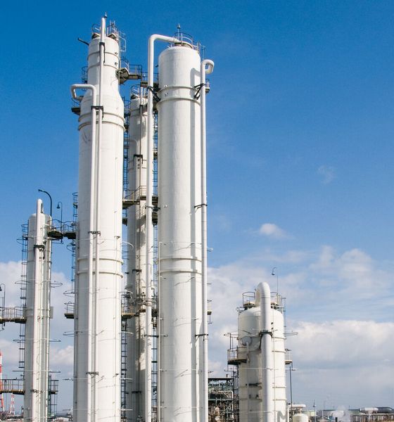 Distillation columns at the JSR chemical plant. (JSR Corporation)