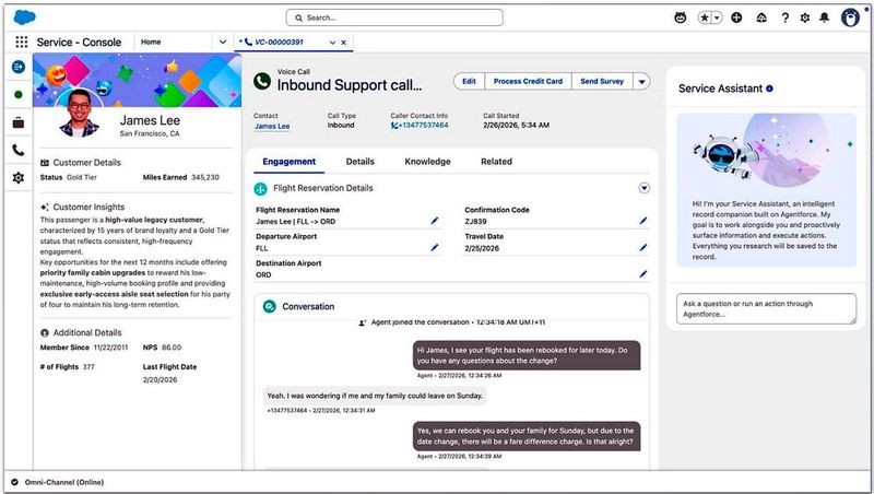 Die Agentforce-Contact-Center-Schnittstelle von Salesforce zeigt einheitliche Servicedaten an, einschließlich Sprachanrufdaten, Kundenprofilinformationen und KI-generierte Unterstützung innerhalb des Service Console-Arbeitsbereichs. (Bild: Salesforce)
