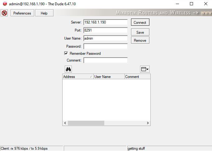 The Dude baut eine Verbindung zum Server auf und liest Daten ein. (Bild: Joos / MikroTik)