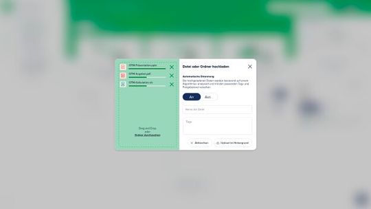 Die in den virtuellen Datenraum hochgeladenen Daten werden basierend auf einem Algorithmus analysiert sowie mit den passenden Tags und Freigabelevel versehen.(Bild:  FTAPI Software GmbH)